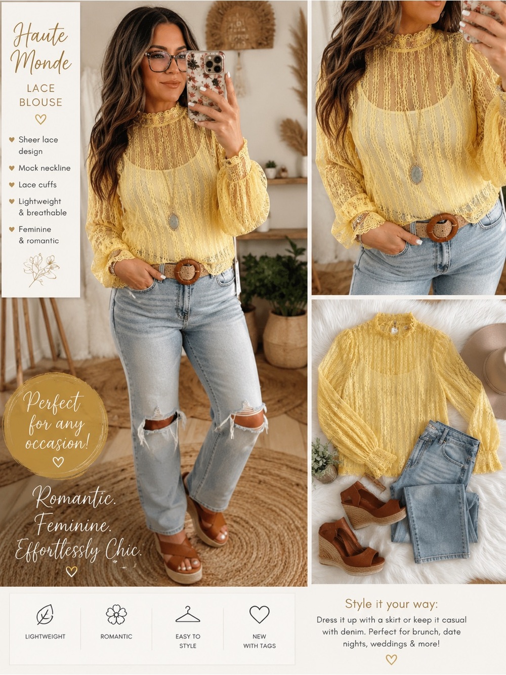 Haute Monde Yellow Sheer Lace Mock Neck Blouse